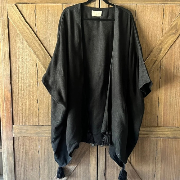 Cleobella Black Oversized Fringe Pom Open Front Kimono/ Poncho One Size EUC - Picture 1 of 5